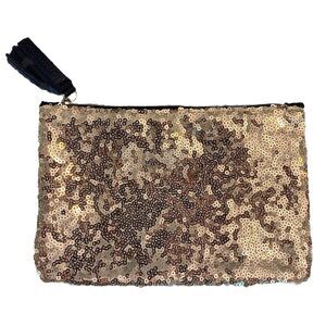 IPSY Cosmetic Makeup BAG Sparkly GOLD SEQUIN & BLACK‎ Back, Blk Tassel 7.5" x 5"